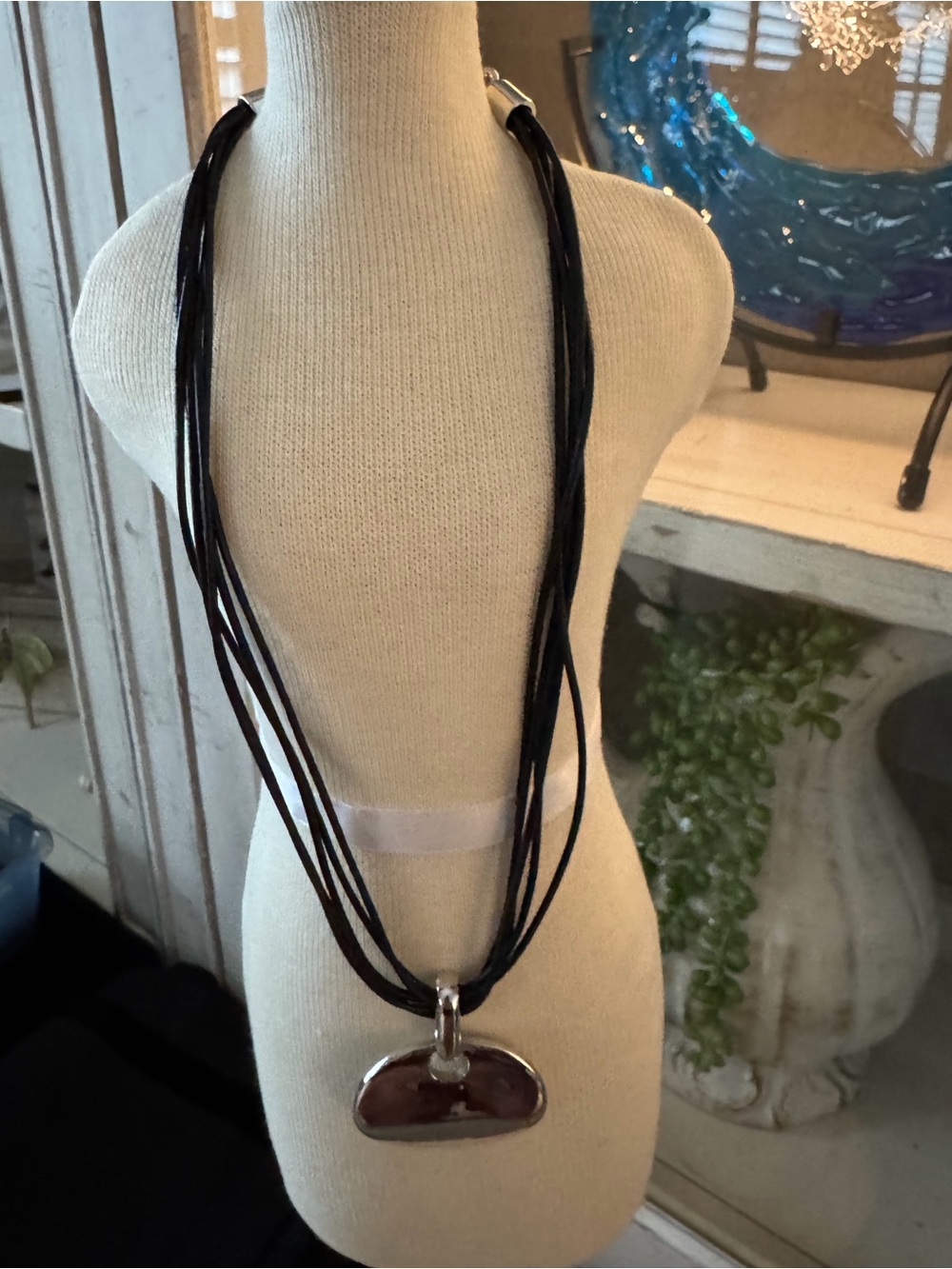 Leather Multi-Strand Black Necklace with Silver Pendant